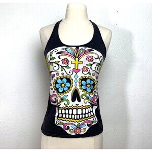 Leo Sugar Skull Womans Tank Top Medium Black Colorful Goth Grunge Hippie Peasant
